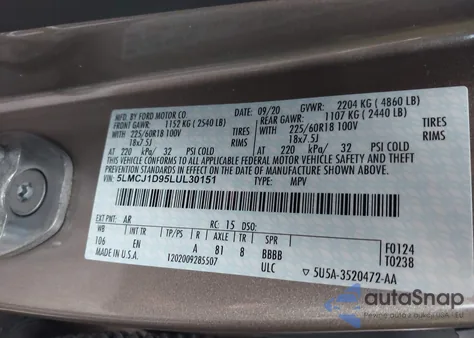 2020 Lincoln Corsair Standard from USA, damaged, VIN 5LMCJ1D95LUL30151
